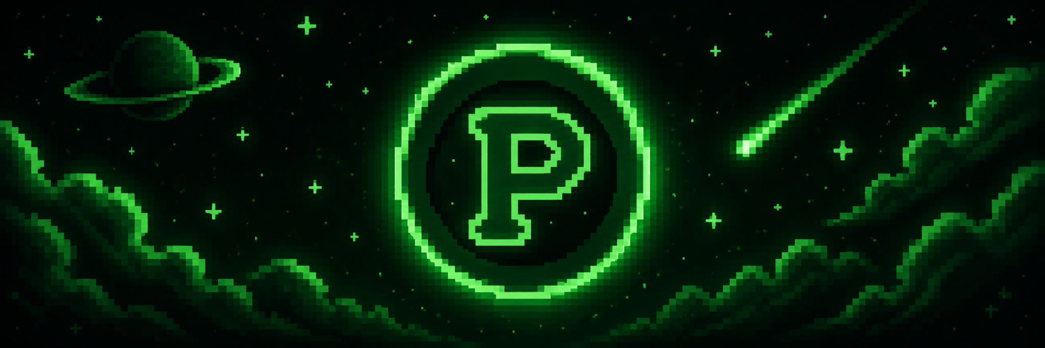 Pump Coin orbiting in a glowing green pixel universe